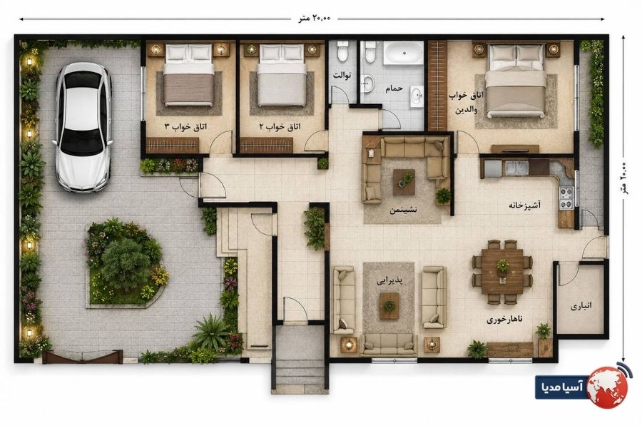 نقشه خانه سه خوابه ۲۰۰ متری حیاط دار جنوبی